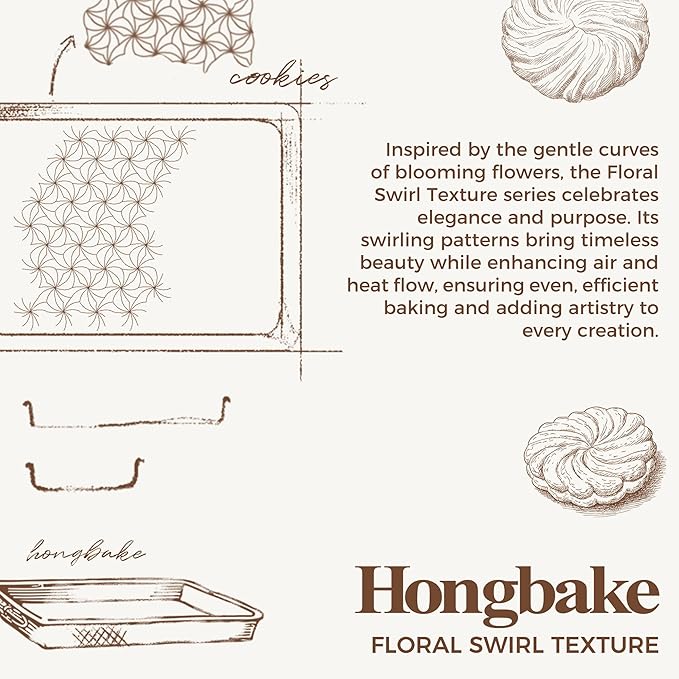 HONGBAKE Nonstick Baking Sheet Pan Set of 3, Cookie Sheets for Oven, Non-Toxic Half/Quarter/Jelly Roll Pans with Floral Swirl Texture, Heavy Duty 0.8mm Thick Oven Trays for Cooking, Champagne Gold