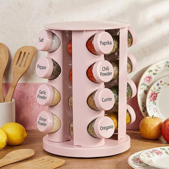 Yungyan Pink Rotating Spice Rack Seasoning Organizer with 16 Empty Jars, Spice Containers Set with Labels and Funnel, Revolving Seasoning Rack for Kitchen Accessories (Stainless Steel,Glass)