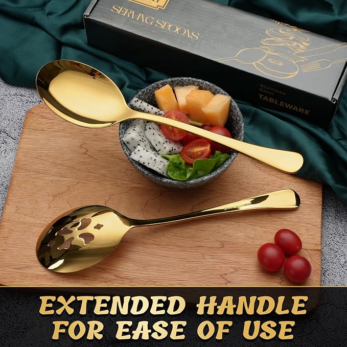 6 Piece Stainless Steel Serving Spoon Set - 3 Large, 3 Slotted,Dishwasher Safe,10-Inch,Gold, for Parties/Kitchen/Buffet/Catering