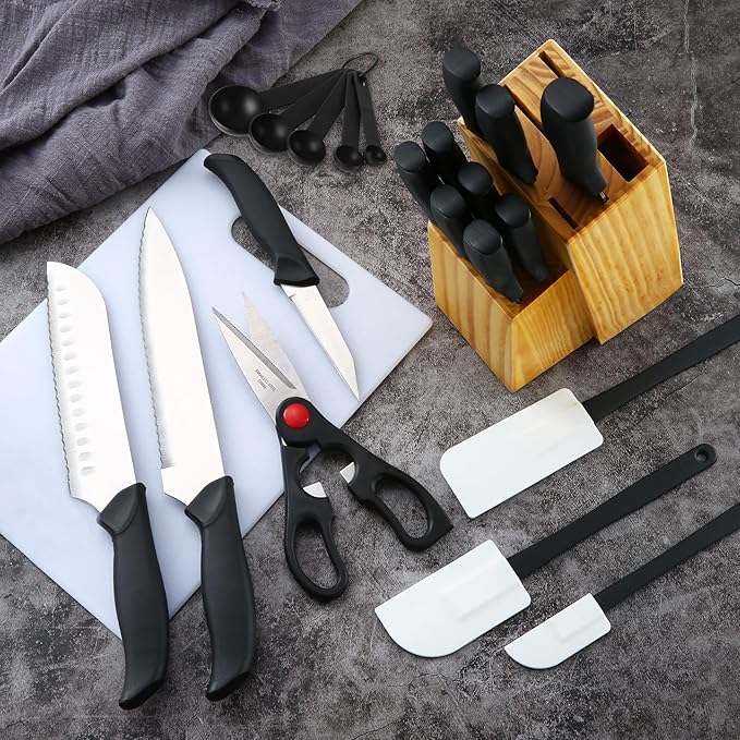 Knife Set With Block, Cutlery Essentials 23 Pieces Kitchen Stainless Steel Knife Block Sets With Cutting Board，Shears，Paring，Utility，Santoku，Steak Knives，Dishwasher Safe Cutlery Block Set