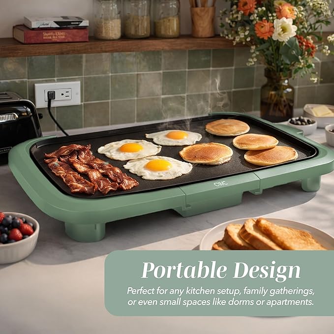 COOK WITH COLOR Electric Griddle 1200W, Nonstick Surface for Pancakes, Burgers, Eggs & More, Removable Temperature Control, Slide-Out Drip Tray, 10" x 16" Cooking Area, Dark Sage