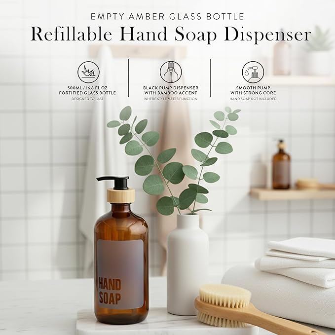SAVVY & SORTED Amber Glass Hand Soap Dispenser for Bathroom, Kitchen Hand Soap Bottle with Label, Refillable Glass Bottle for Liquid Wash, Matching Dish Soap Dispenser Available, 17 Fl Oz / 500 ml
