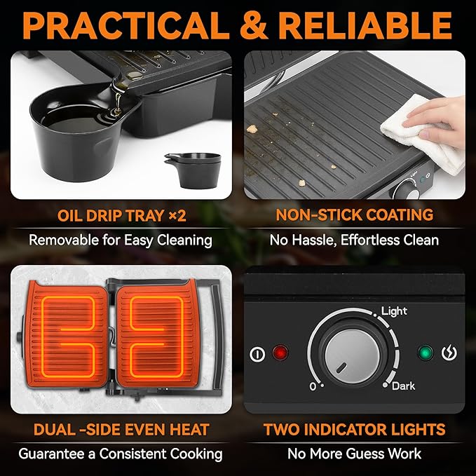 Baker’s Friend Panini Grill Press Sandwich Maker, 4-Slices Panini Press Maker, Grill Cheese Sandwich Maker, Indoor Grill Electric, Non Stick Surfaces, Stainless Steel
