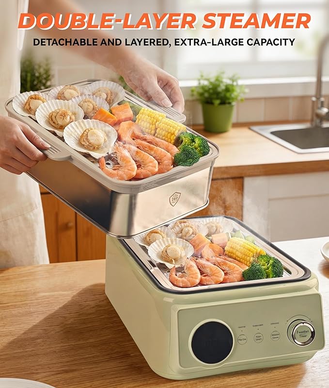 10.6 QT Double-Layer steamer for cooking, 304 Stainless Steel food steamer electric with Timer & Auto Shut-Off, Fast Heating Vegetable Steamer Electric for Veggies, Seafood, Rice,BPA-Free