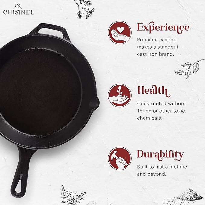 Cuisinel Cast Iron Skillet + Grill Press + Scraper Set - 10"-inch Pre-Seasoned Frying Pan + Silicone Handle Grip - 7" Round Burger Smasher - Indoor/Outdoor, Grill, Kitchen Cookware. PFAS and PFOA-free
