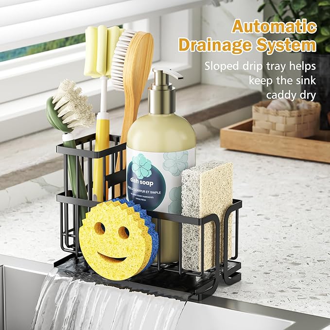 Epicano Sink Caddy Sponge Holder, Smiley Face Sponge Rack with High Brush Holder,Rustproof Kitchen Countertop Organizer,Kitchen Gadgets Sink Accessories, Black
