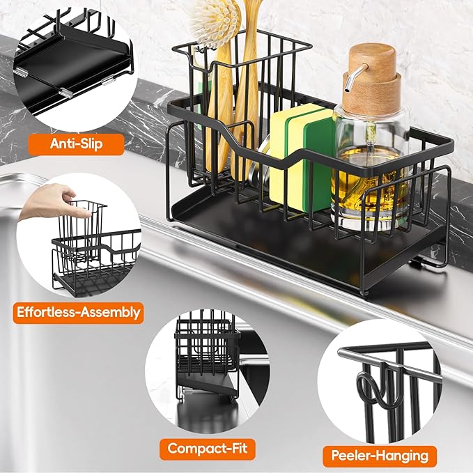 StorageRight Kitchen Sink Caddy Organizer, Rustproof Sponge Holder for Kitchen Sink, Instant Dry High Brush Holders with Drain Tray, Anti-Slip Storage Organization Essentials, Black