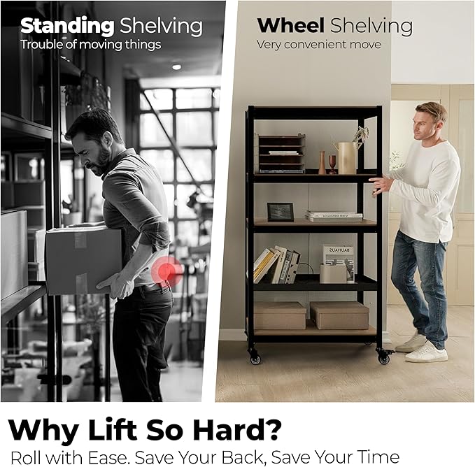 HOMEDANT House 5-Tier Metal Rolling Cart Shelf Rack Casters Heavy Duty Laminated Wheel Shelving Unit Adjustable Utility Storage Shelves Organizer Shelf Kitchen Garage 24.4" W x 16.5" D x 62.2" H 2Pack