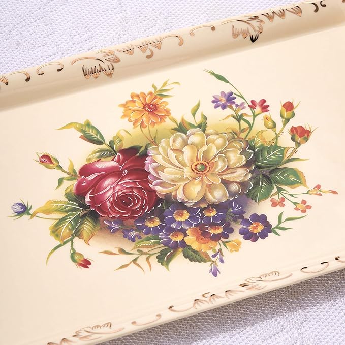 YOLIFE Ceramic Tea Serving Tray, Floral with Gold Leaves Trim Decorative Platter for Tea Party - 13.5 x 7.5 inch