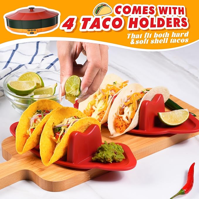 Taco Tuesday Kit - Taco Bar Serving Set for a Party with 33oz Heated Pot, 4 Taco Holders, Detachable Lazy Susan Tray, Perfect for Parties, Nachos Taco Night Fiesta Unique Couple & Housewarming Gift
