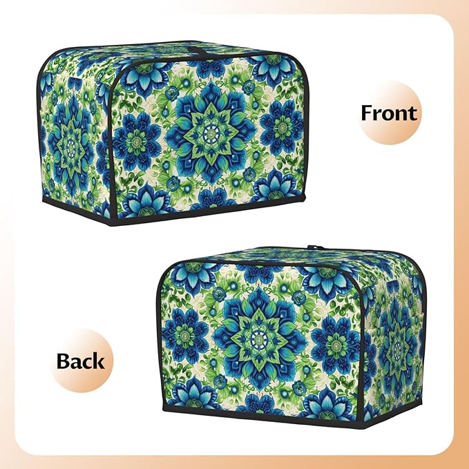 Green Blue Batik Toaster Cover 2 Slice, Cute Rural Bread Machine Cover, Washable Dust-Proof Cover for Kitchen Small Appliance Cover,with Top Handle