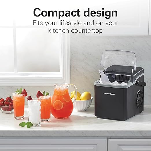 Hamilton Beach Portable Bullet Countertop Ice Maker Machine, Makes 26 Lbs/Day, 9 Cubes Every 6 Minutes, Self-Clean Function, for RV, Office, Kitchen, Dorm, Makes 2 Sizes, Black (86151)