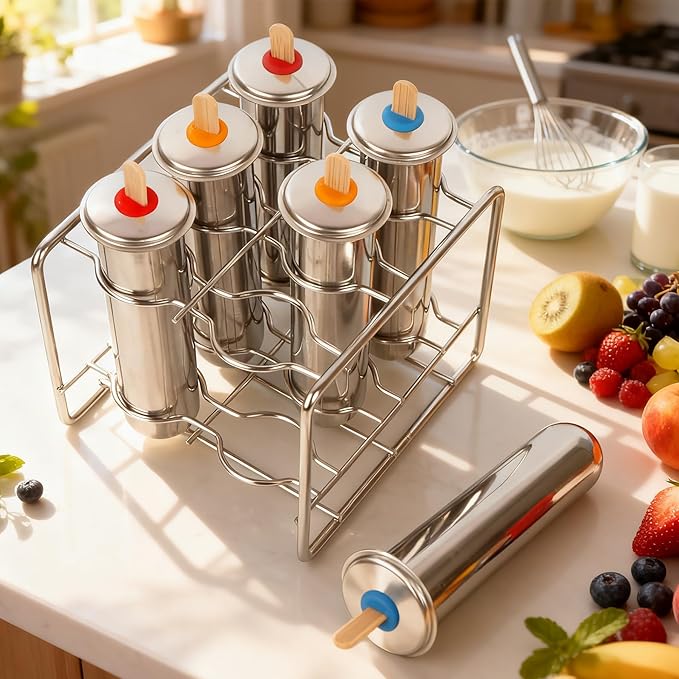 Stainless Steel Popsicle Molds Set 6 Pieces Ice Pop Maker, Homemade Popsicle Molds Maker with 50 Sticks, 20 Bags, 14 Silicone Seals, 1 Cleaning Brush and 1 Stand, DIY Ice Pop Mold for Kids (Round)