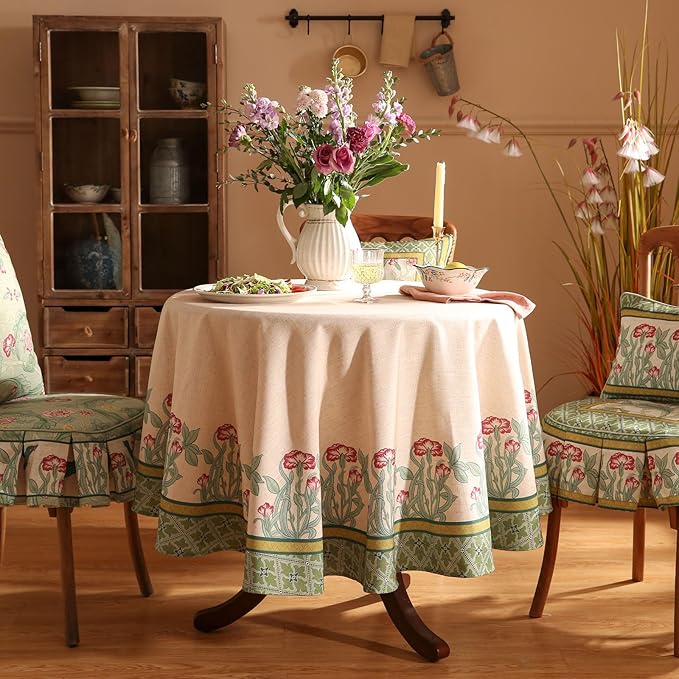 patdrea Designer Green Tablecloth for Round Table,Vintage Linen Leaves Pattern Table Cloth,Floral Cover Fall Decor for Kitchen Dining Christmas,Thanksgiving,Diameter 67"-Cecilia D