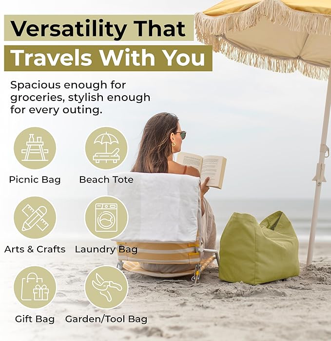 VeraMia Canvas Grocery Bag 3pc XL Set with Real Pockets, Long Shoulder Strap and Short Handle. Heavy Duty, Foldable, Washable