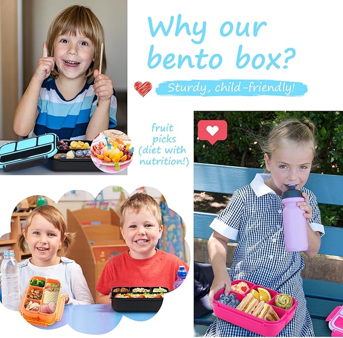 QQKO Bento Box for Kids Adults, School Toddler Lunch Box for Boys Girls, Lunch Box Containers with 4 Compartments, Sauce Container, Utensils, Food Picks and Muffin Cups for School, Black Blue
