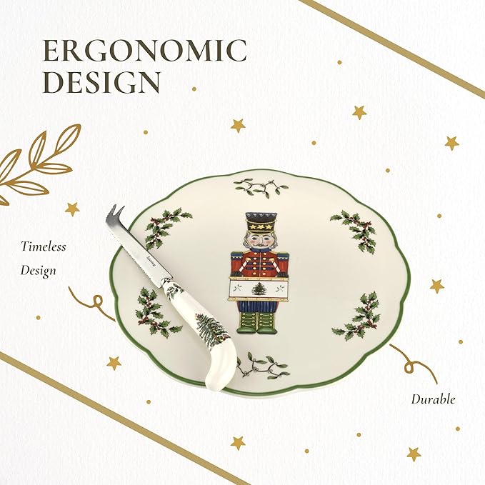 Spode Christmas Tree Nutcracker Cheese Platter with Knife - 9" Porcelain Holiday Serving Tray for Charcuterie - Dishwasher & Microwave Safe - Classic Christmas Tableware for Serving Festive Dishes