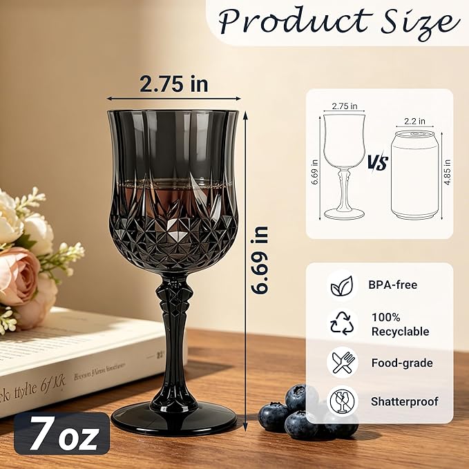 Plastic Wine Glasses, Plastic Goblets Vintage Style Cordial Unbreakable Drinking Glasses, Reusable Drinkware for Wedding Reception, Grand Event Party Supplies (48, Black)