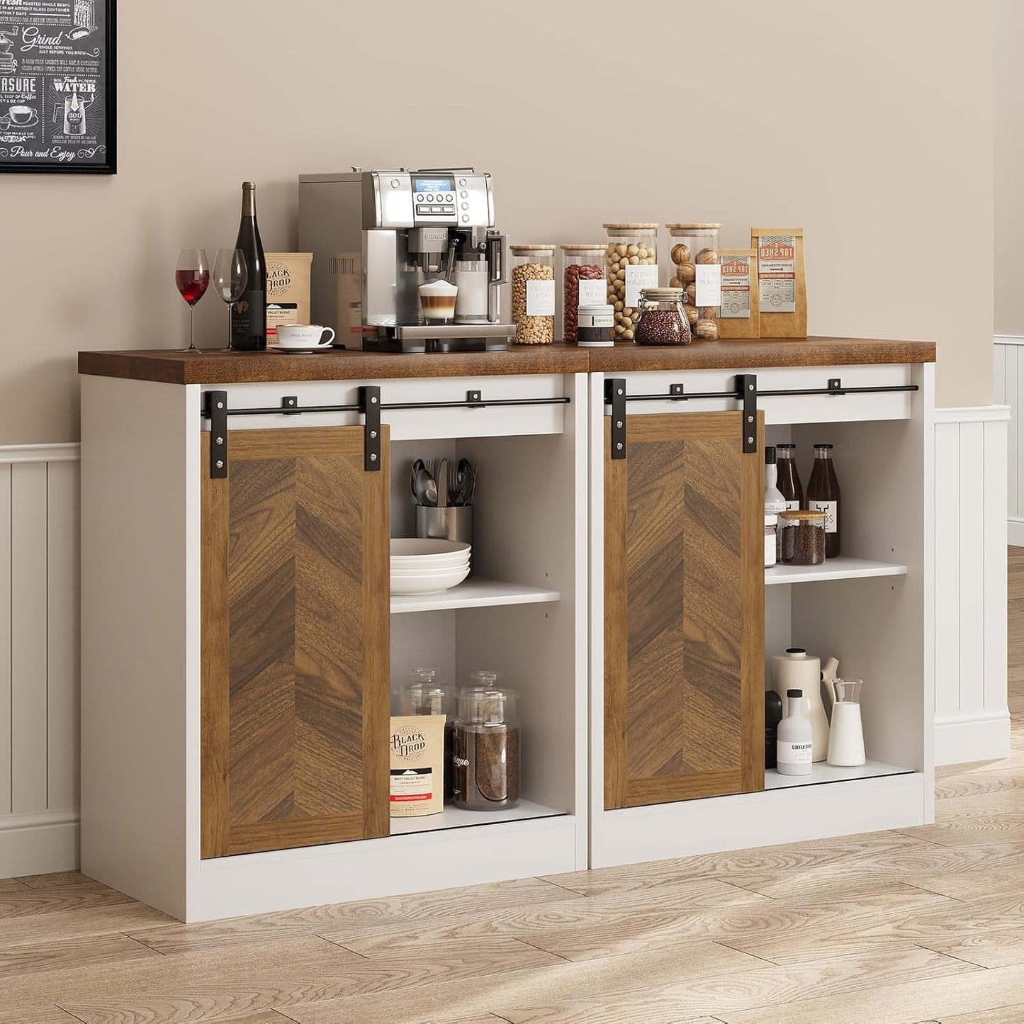 Farmhouse Small Coffee Bar Cabinet with Storage, White Coffee Bar Table with Sliding Barn Door, Adjustable Shelves, Bar Cabinet for Kitchen, Dining Living Room