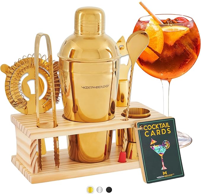 Modern Mixology Cocktail Shaker Set - Bartender Kit with Pine Stand | Leak-Proof Design | Includes Martini Shaker, Jigger, Strainer, Spoon, Tongs | Perfect Bar Tools Gift for Home Mixology (Gold)