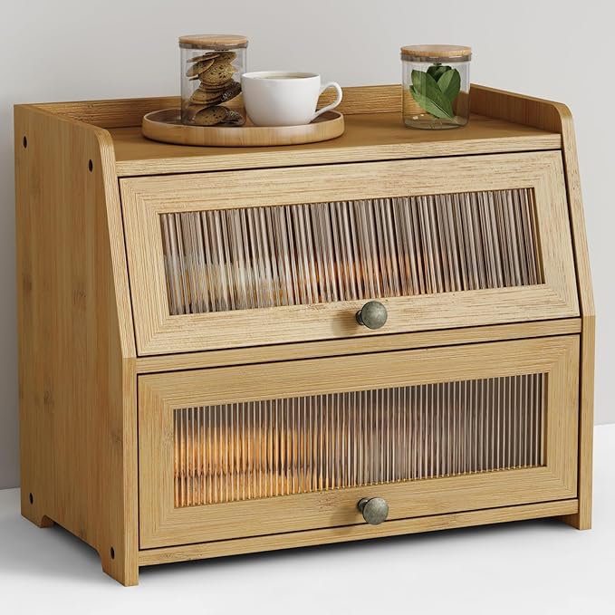 Goozii Large Bread Box for Kitchen Countertop, Double Layer Breadbox for Homemade Loaf Bread, Farmhouse Bread Storage Container Bin for Kitchen Counter Pantry Cupboard (Natural Bamboo)