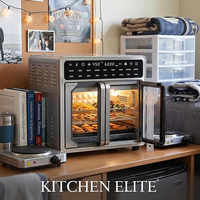 Kitchen Elite 16 Quart French Door Air Fryer Oven – Family Size Countertop Convection Cooker with LED Display, Stainless Steel