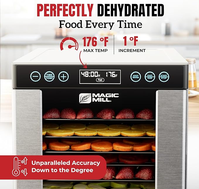 Magic Mill Pro Food Dehydrator Machine | 10 Stainless Steel Trays | Dryer for Jerky, Dog Treats, Herb, Meat, Beef, Fruit | Keep Warm Function, Digital Timer and Temperature Control, ETL Approved