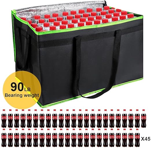 2 Pack XXXL-Large Insulated Grocery Shopping Bags, Green, Reusable Bag,Thermal Zipper,Collapsible,Tote,Cooler,Food Transport hot and Cold,for instacart,Camping,Recycled Material delivery Groceries,