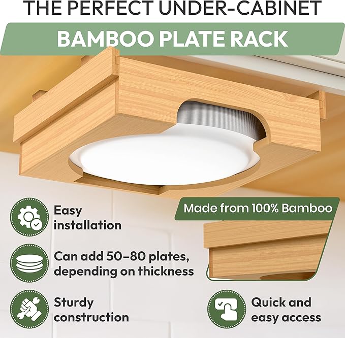 10 inch Paper Plate Dispenser Holder Bamboo Under Cabinet Vertical Rack for Kitchen Countertop Organizer Space Saver Shelf Lid Holder Counter Storage Can Dispenser Pantry Aid Caddy Estante wood