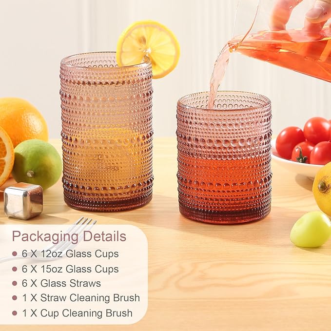 ZMOWIPDL Vintage Glassware Drinking Glasses Set of 12,Purple 12oz & 15oz Hobnail Glass Cups,Embossed Water Tumbler,for Beer,Cocktail,Whiskey,Juice and Various Mixed Drinks- 1 Cleaning Brush
