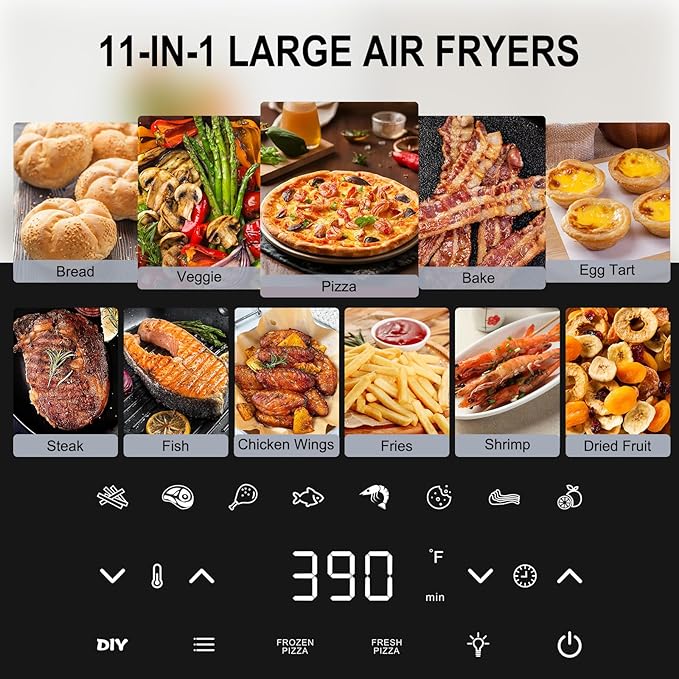 Pizza Oven & Air Fryer, 4.5QT 11-in-1 Flat Airfryer with Superior Top and Bottom Airflow Tech, Digital Display, Large Viewing Window, Grill Plate, Up to 32 Chicken Wings / 11" Pizza Capacity