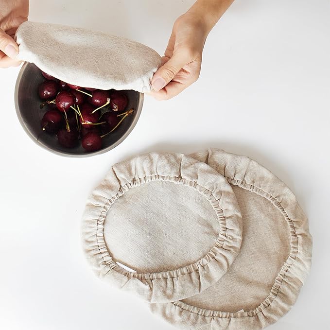 100% Pure Linen Bowl Covers For Bread Proofing, 4 Pcs Elastic Reusable Solid Color Cloth Fabric Bowl Covers,XL Organic Washable Large Stretch Sourdough Lids 6 * 8 * 10 * 12 Inches, Linen
