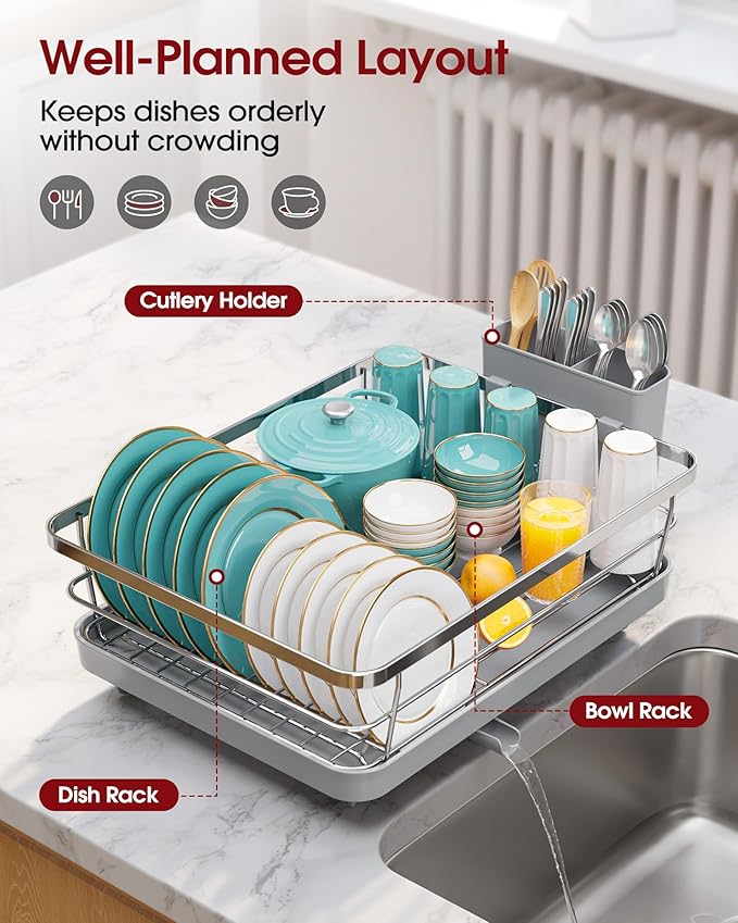 Sakugi Stainless Steel Dish Drying Rack for Kitchen Counter, Sink Organization and Storage Essentials with Silverware & Utensil Holder, Home and Apartment Decor, 12''W x 15.5''L, Silver