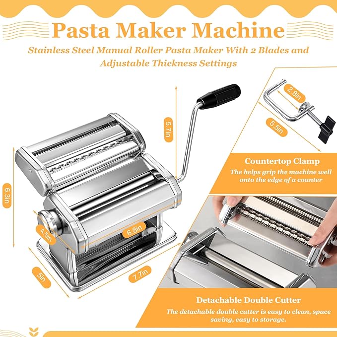Hushee 8 Pcs Pasta Maker Machine Set Including Stainless Steel Noodle Maker Machine Wood Pasta Drying Rack Ravioli Stamp Maker Cutter with Pasta Cutter Wheel Mini Rolling Pin Cleaning Brush