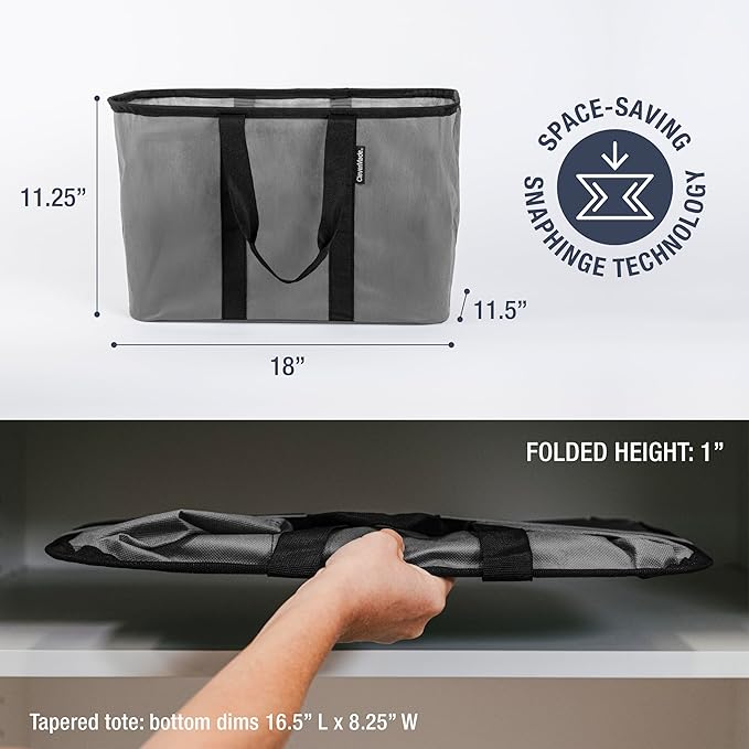CleverMade EcoBasket Reusable Grocery Tote - 30L - Pack of 3 - Gray Black - Collapsible Storage Shopping Organizer - Heavy Duty Utility Bag Home