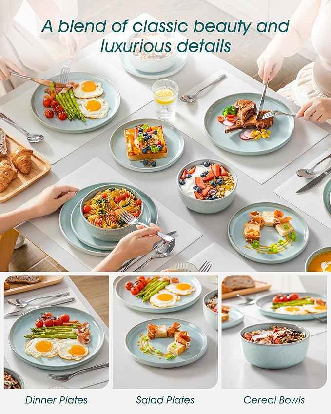 vancasso ANYA 24 Pieces Plates and Bowls Set, Mint Green Dinnerware Sets, Reactive Glaze Dishes Set for 8, Ceramic Dishware Sets Kitchen Dinner Set, Microwave & Dishwasher Safe