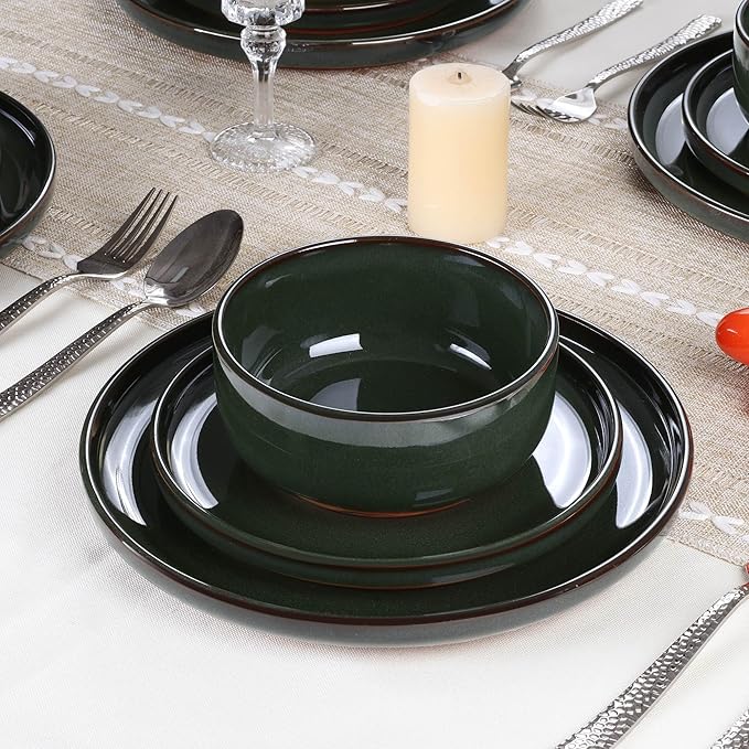 E-far Stoneware Dinnerware Sets for 6, 18 Pieces Reactive Glaze Plates and Bowls Sets, Elegant Dishes with Rustic Terracotta Clay Base, Dishwasher & Microwave Safe, Scratch Resistant, Blackish Green