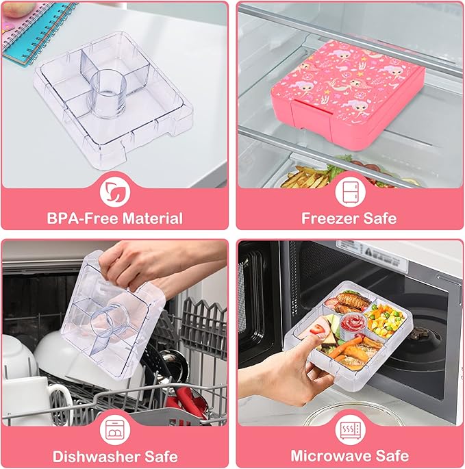 Pawtong Bento Lunch Box Set With 10oz Soup Thermo, Leak-proof Lunch Containers with 4 Compartment, Kids Hot Thermo Food Jar/Insulation Lunch Bag, Food Containers for School（Mermaid）