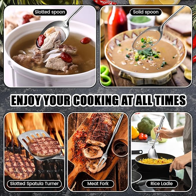9 Pcs 304 Stainless Steel Utensils Set with Wood Handle Metal Cooking Tool Spatula, Solid Spoon, Slotted Spoon, Fork, Ladle, Skimmer, Slotted Spatula Spaghetti(Silver,Stainless Steel)