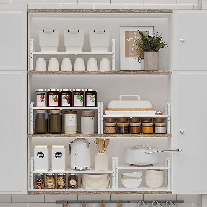 Expandable Shelf for Cabinet Organizer Adjustable Stackable Spice Rack at Kitchen and Bathroom More, Counter Countertop Cupboard Organization Pantry Storage(MEDIUM/3PACKS/WHITE)