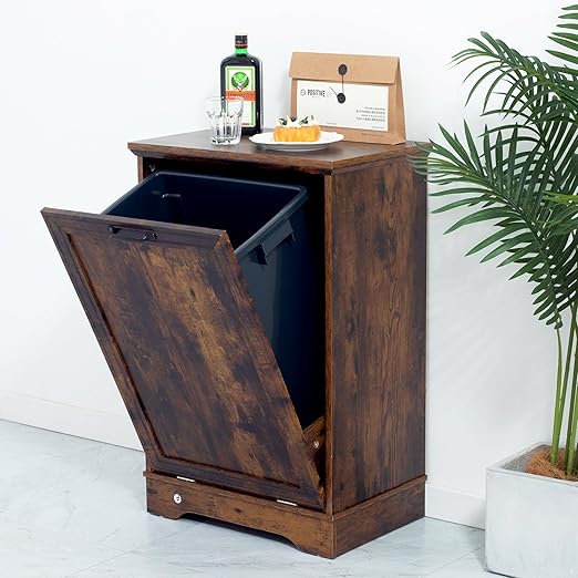 13 Gallons Tilt Out Trash Cabinet, Hidden Trash Can Cabinet Wooden Tilt Out Pet Proof Hidden Trash Bin Cabinet for Kitchen Living Room (Rustic Brown)