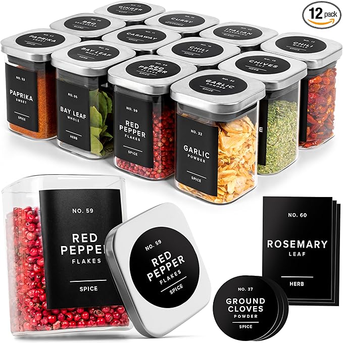 EDELHAUS Glass Spice Jars with Labels and Steel Lids (12 x 6.4oz) Spice Containers with 160 Label, Steel Funnel, Shaker Inserts, Empty Square Seasoning Organizer for Spice Rack, Cabinet, Drawer