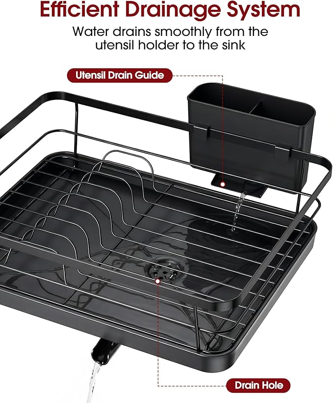 Sakugi Stainless Steel Dish Drying Rack for Kitchen Counter, Sink Organization and Storage Essentials with Silverware & Utensil Holder, Home and Apartment Decor, 12''W x 15.5''L, Black