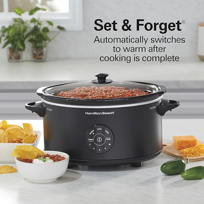 Hamilton Beach 6 Quart Set & Forget Programmable Slow Cooker, 15 Cooking Options With 5 Time and 3 Heat Options, Large Dishwasher Safe Stoneware Crock and Glass, Black (33762)