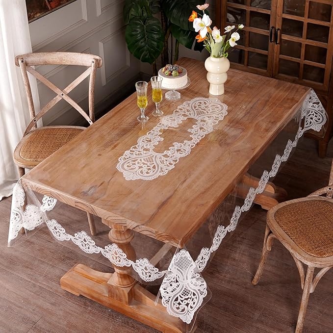Clear Table Cover Protector Vinyl Table Cloth Rectangle Oil Spill Proof Vintage Rustic Plastic Table Covers for Dining Tables (White Lace, 60 x 120 Inches)