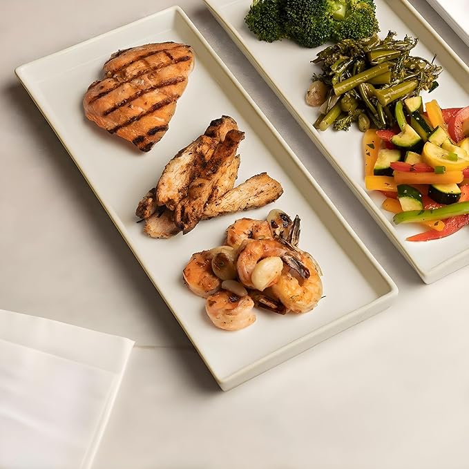 KooK Serving Platters and Trays, Trays for Serving Food, Ceramic 11 Inch Rectangular Serving Trays, Platters for Food at Parties and Entertaining, Microwave, Dishwasher Safe, White, Set of 4