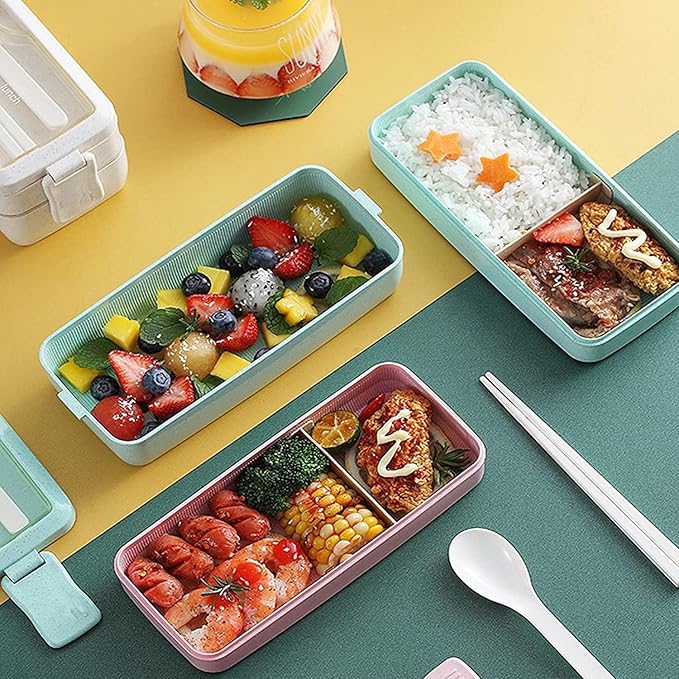 Rarapop 3 Pack Stackable Bento Box Adult Japanese Lunch Box Kit with Spoon & Fork, 3-In-1 Compartment Wheat Straw Meal Prep Containers (Green/Pink/Beige)