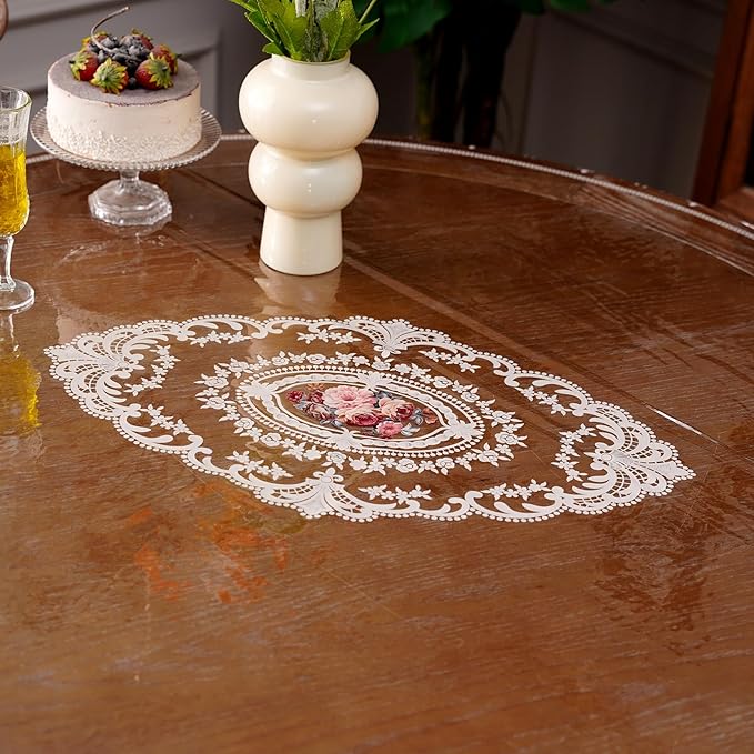 Waterproof Clear Table Cover Protector Vinyl Round Table Cloth with Lace Pattern Oil Spill Proof Wipe Clean Plastic Tablecloths for Dining Tables (French Lace, 55 Inches Round)