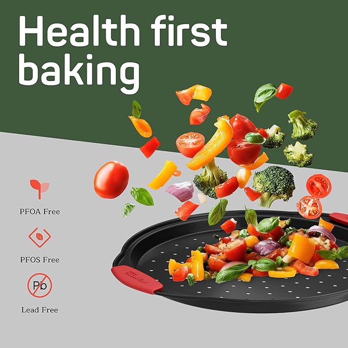Non-Stick Pizza Pan with Silicone Handle 2 Pack, 13 Inch Round Carbon Steel Tray with Perforated Holes, Dishwasher & Oven Safe Up To 450°F, PFOAPFOSPTFE Free, Durable Nonstick Gray Coating