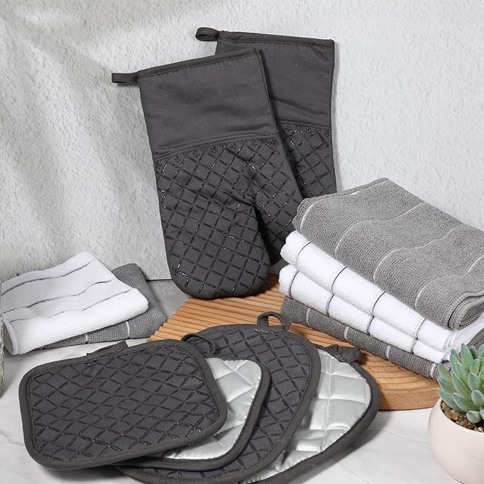 Oven Mitts Kitchen Towels Dishcloths with Pot Holders Sets 12pcs Dish Towels Sets Oven Gloves Pot Pads Heat Resistant 500 Degrees with Non-Slip Silicone Surface for Cooking Baking Grilling